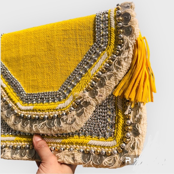 Bohemian Envelope Wristlets Banjara Clutch Yellow Color With tassels - Picture 2 of 6